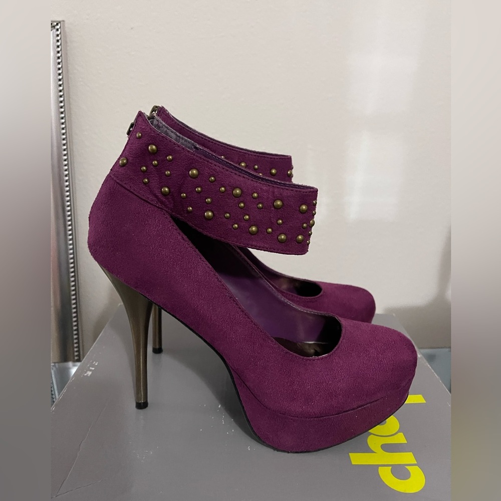 Studded Ankle strap, Zip Up Purple And Metallic Heels, Womens Size 9